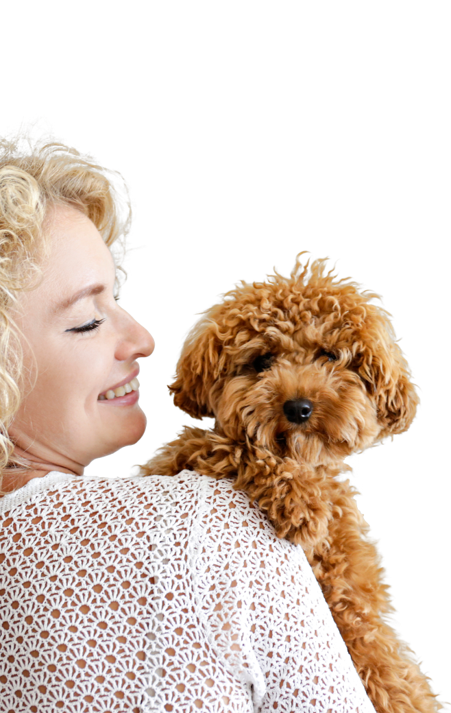 Vrouw die een bruine hond vasthoudt